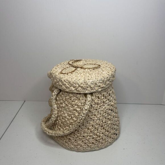 Vintage Handmade Cream Crochet Floral Boho Bucket Bag Purse Womens - Picture 4 of 6